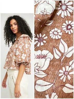 Free People Miss Daisy Printed Top Vintage Neutral Brown Floral Peasant Blouse
